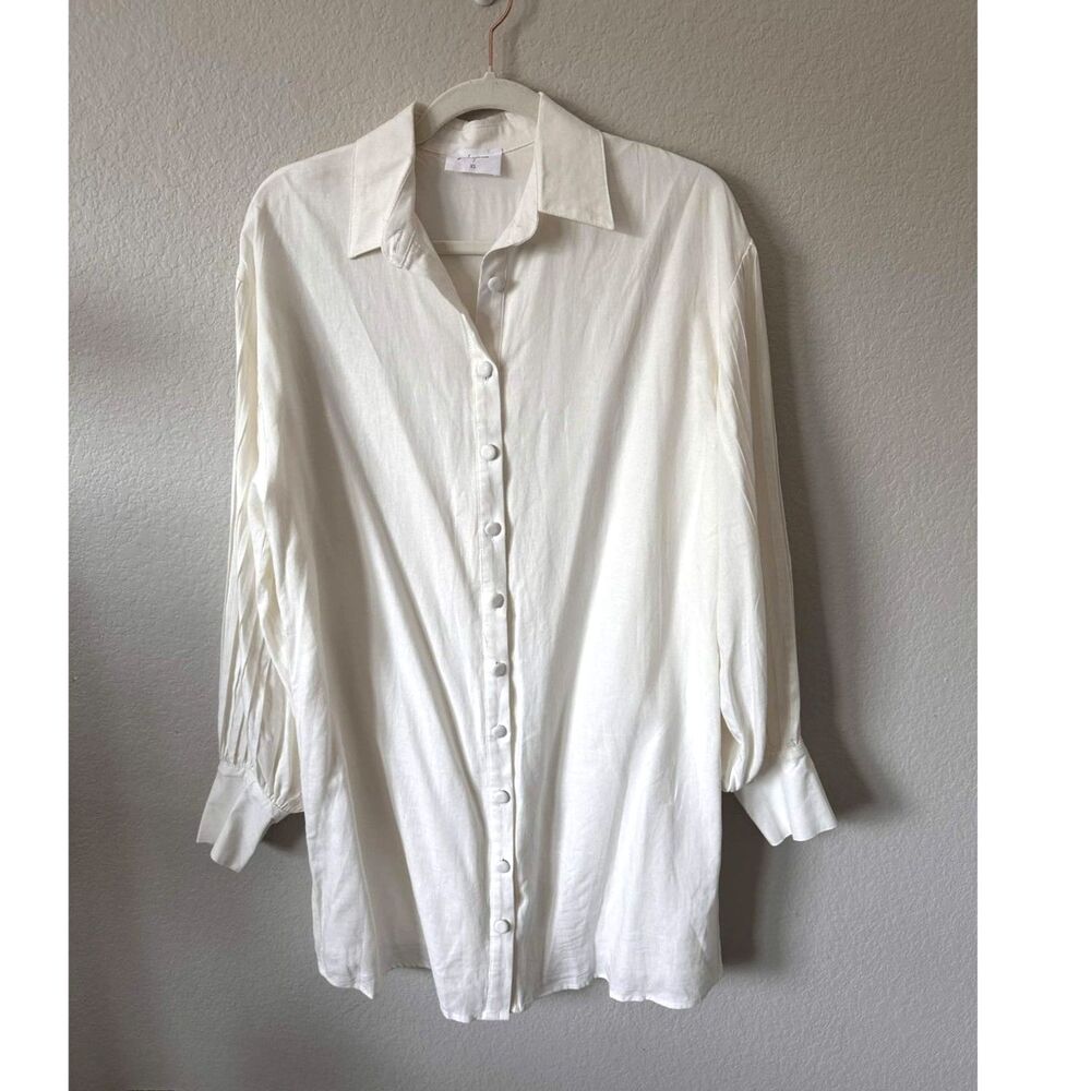 Girl & The Sun XS White Linen Blend Pleated Sleeve Mini Shirt Dress Quiet Luxury - Picture 2 of 8
